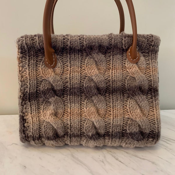 Authentique sac fourre-tout au crochet, sac tissé marron et beige, sac à main fourre-tout marron avec bracelet en cuir, sacs à bandoulière