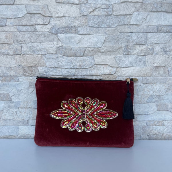 Clutch de fiesta con cremallera de terciopelo de diseño, embrague moderno de color rojo ultra delgado con borla, regalos de Navidad, bolso de mujer