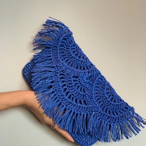Blue Raffia Clutch Bag, Cloud Bag, Fold Over Clutch Bag, Knitted Bag, Mother's day Gift