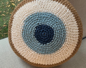 Raffia Cushion Case, Round Cushion Case, Boho Style, Natural Cushion, Evil Eye Pillowcase,Evil Eye Cushion, Blue Cushion,