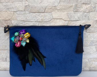 Designer Velvet Zipped Party Clutch, Blue Color Modern Clutch with Tassel, Evening Party Clutch Bag, Boho Women’s Clutch Purse, Woman Gifts