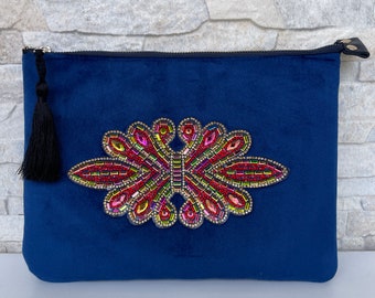 Clutch de fiesta con cremallera de terciopelo de diseño, embrague moderno de color azul ultra delgado con borla, bolso de embrague de mujer Boho