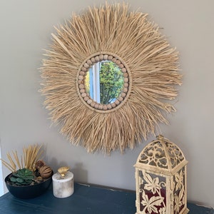 Raffia Round Mirror, Boho Mirror Decor, Rattan Sunburst Wall Decor, African Style Gold Brass, Straw Decor, Mother&#39;s Day Gift