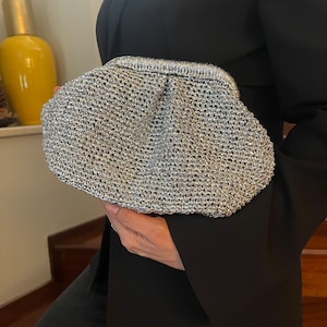 Metallic Raffia Clutch Bag, Häkeln Silber Beutel Tasche, Formelle Tasche, Glitzer Wolke Tasche, Brautjungfer Hochzeit Knödel Tasche
