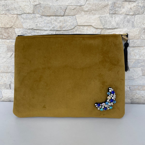 Auténtico Designer Velvet Evening Clutch, Ultra Slim Mustard Color Modern Clutch con borla, Fancy Party Clutch, Bolsos para mujeres,