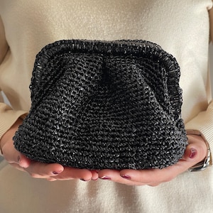 Black Small Pouch Bag, Metallic Black Clutch Bag, Raffia Could Bag, Crochet Bag, Formal Event Bag, Party Clutch, Valentine&#39;s Day Gift