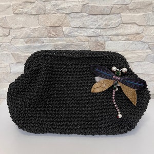 Black Raffia Clutch Bag, Cloud Bag, Straw Clutch Bag with Brooch, Boho Style Purse, Mother&#39;s Day Gift