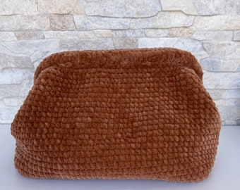 Brown Crochet Clutch Bag, Knitted Pouch Bag,Cloud Bag,  Boho Clutch Bag, Woven Bag, Dumpling Bags, Voluminous Clutch, Mother's Day Gift