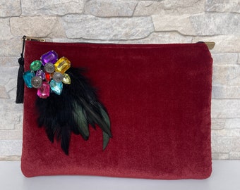 Designer Velvet Evening Clutch, Ultra Slim Red Color Modern Clutch with Tassel, Women’s Clutch Purse, Bags for Women, Christmas Gifts