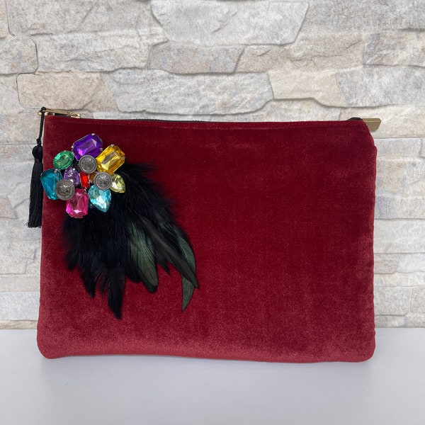 Clutch de noche de terciopelo de diseño, embrague moderno de color rojo ultra delgado con borla, bolso de clutch de mujer, bolsos para mujeres, regalos de Navidad