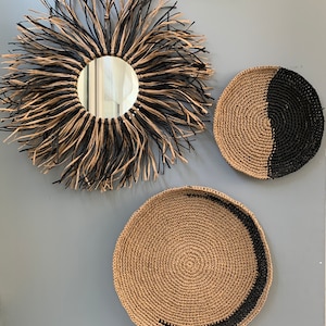 Boho Wall Art, Set of 3 Raffia Basket and Mirror Wall Hanging, Boho Art, Raffia Fringed Decor, Decor for Living Room, House Gift
