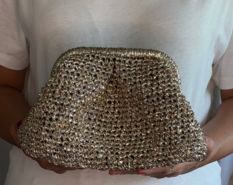 Mini Size Gold Clutch, Metallic Raffia Bag, Small Size Evening Bag, Gold Pouch Bag, Pochette Bag, Handmade Knitted Bag, Woven Bag