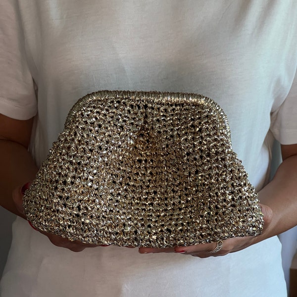 Mini Size Gold Clutch, Metallic Raffia Bag, Small Size Evening Bag, Gold Pouch Bag, Pochette Bag, Handmade Knitted Bag, Woven Bag