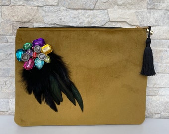 Designer Velvet Evening Clutch, Ultra Slim Mustard Color Modern Clutch with Tassel, Authentic Designer Bag, Bags for Women, Christmas Gifts
