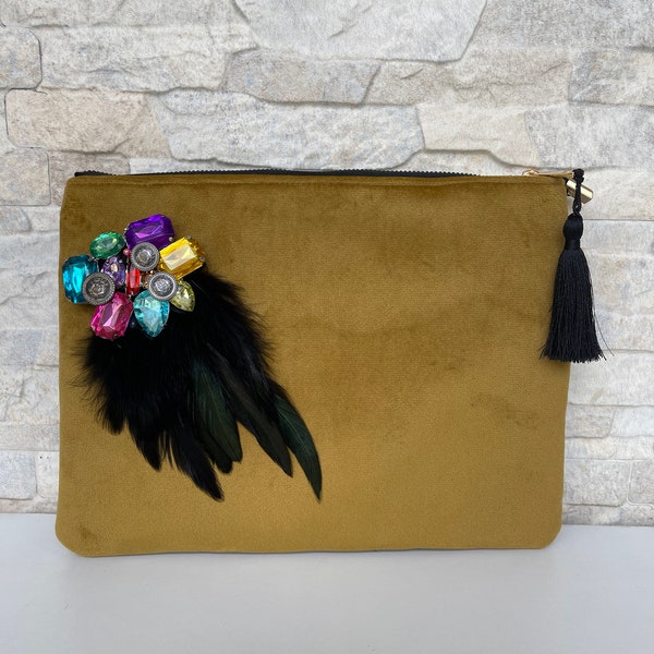 Clutch de noche de terciopelo de diseño, embrague moderno de color mostaza ultra delgado con borla, bolso de diseño auténtico, bolsos para mujeres, regalos de Navidad