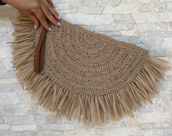 Raffia Clutch Bag, Crochet Raffia Bag, Straw Bag, Fringe Clutch Bag, Straw bag, Natural Hand Knitted Purse, Mother's day Gift