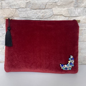 Designer Velvet Zipped Party Clutch, Ultra Slim Red Color Modern Clutch with Tassel, Boho Women’s Clutch Purse
