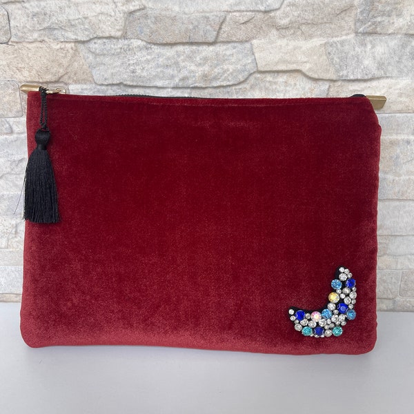 Clutch de fiesta con cremallera de terciopelo de diseño, embrague moderno de color rojo ultra delgado con borla, bolso de embrague de mujer Boho