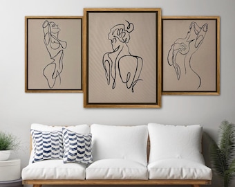 Minimalistische abstracte vrouwelijke lijntekeningen set van 3 – ingelijste canvas muurkunst