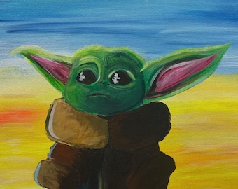 Handgeschilderd Mandalorian-thema Star Wars Baby Yoda-schilderij