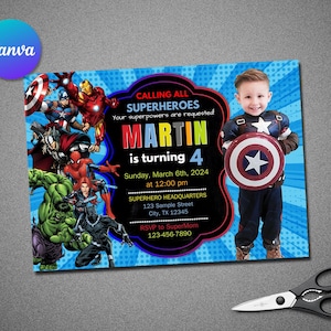 BEWERKBARE Superhelden-verjaardagsuitnodiging met foto | Jouw kind als superheldverjaardagsuitnodiging | Avengers-verjaardagsuitnodiging