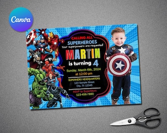 Superhero Birthday Invitation with Photo: Editable Avengers Theme (Digital Download)