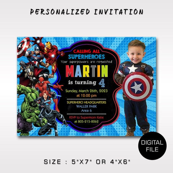 Superheroes Birthday Invitation With Picture | Superheroes Birthday Invitation With Photo | Avengers Birthday Invitations With Photo