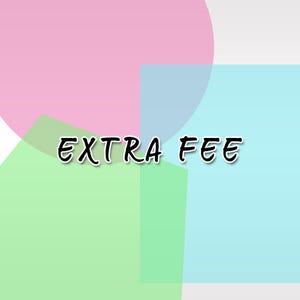 May include: A graphic design with the text "EXTRA FEE" in black lettering on a background of overlapping pastel pink, light blue, and light green shapes.