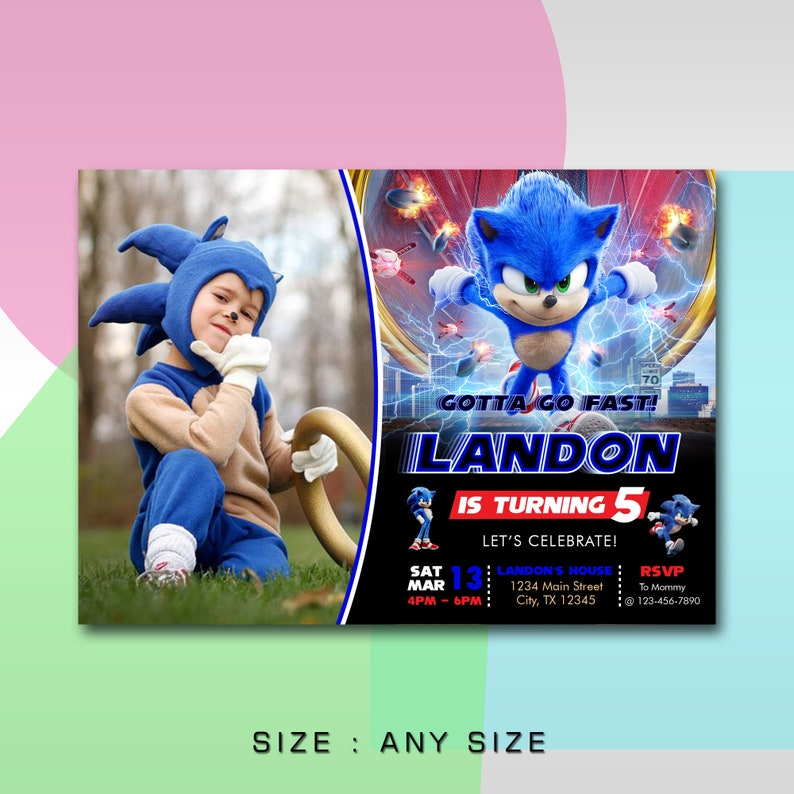 May include: A blue and white birthday invitation featuring a cartoon character from the Sonic the Hedgehog movie. The invitation says "Gotta Go Fast! Landon is turning 5." and includes details for the party, including the date, time, and location.