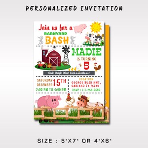 May include: A personalized invitation for a barnyard bash. The invitation features a red barn, a pig, a cow, a chicken, and a sun. The text on the invitation reads "Join us for a Barnyard Bash, Madie is turning 5, Oink! Neigh! Moo! Cock-a-doodle-do!"  The invitation also includes the date, time, location, and RSVP information. The invitation is available in two sizes: 5" x 7" or 4" x 6".
