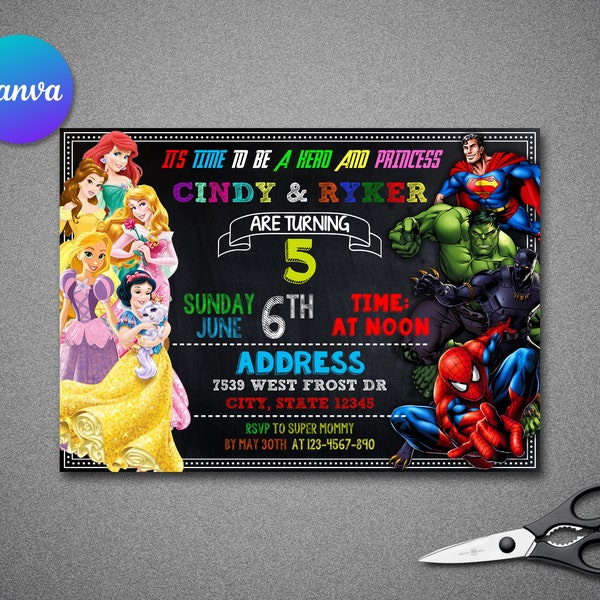 Editable Princesses and Superheroes Birthday Invitations Templates, Princess and Avengers Join Birthday Invitations Templates.