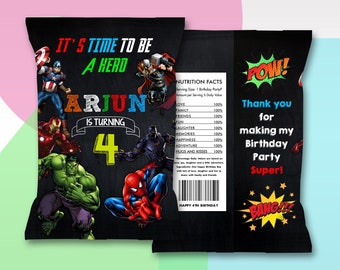 Etiqueta para bolsa de papas fritas de superhéroes: Recuerdo de fiesta de cumpleaños de los Vengadores (archivo digital)