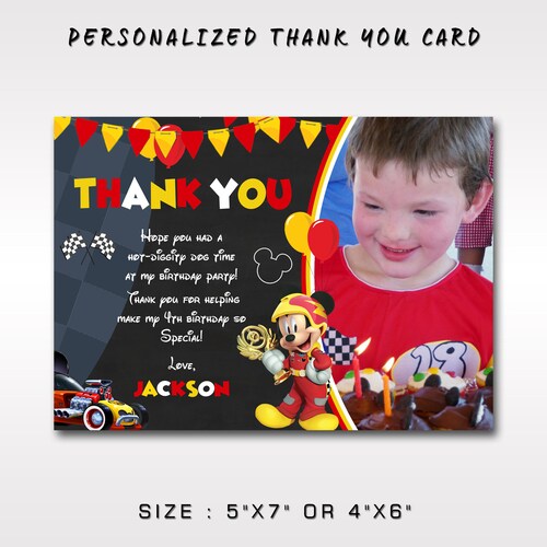 Mickey and Roadster Racer Thank You Card With Photo Mickey - Etsy