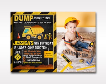 Construction Birthday Invitation with Photo (Digital File)