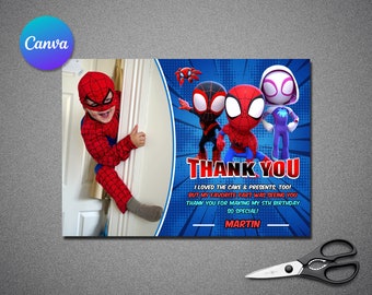 Modello modificabile di biglietto di ringraziamento di Spidey e dei suoi fantastici amici / Modello di biglietto di ringraziamento per bambini Spiderman / Biglietto di ringraziamento supereroe