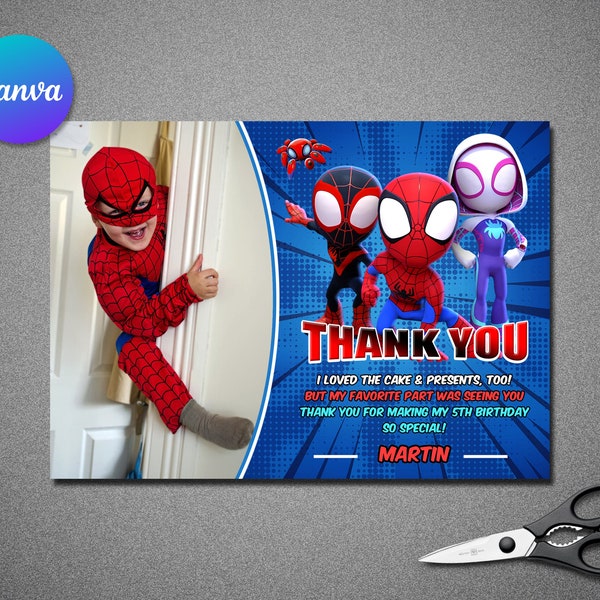 Editable Spidey and his amazing friends thank you card template | Spiderman Kids Thank You Card Template | Superhero Thank You Card