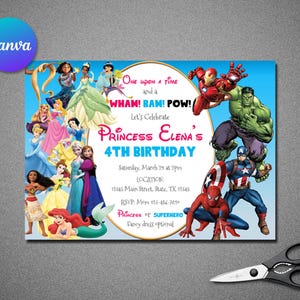 Modelo de convite para festa de aniversário de princesas e super-heróis EDITÁVEL | Suprimentos para festa de aniversário de princesas e super-heróis.