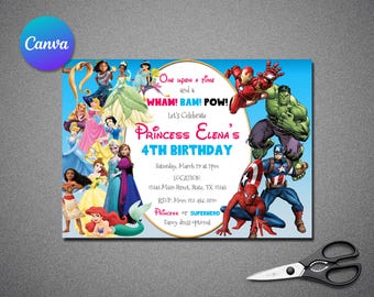 Princess and Superhero Birthday Invitation Template (Editable, Digital Download)