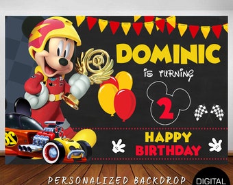 Mickey Roadster Racer Birthday Backdrop: Personalized Party Banner (Digital Download)