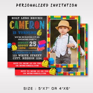 Building Blocks Birthday Invitation With Photo, Building Brick Birthday Invitation With Photo