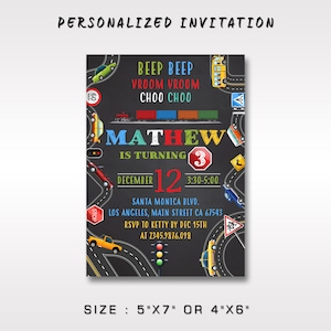 Transportation Birthday Invitation: Cars, Trucks, Trains (Digital File)