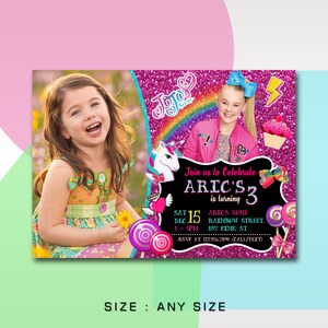 May include: Pink and black birthday invitation with a photo of a young girl and a unicorn. The invitation says "Join us to Celebrate Aric's 3rd Birthday" and includes details about the party, including the date, time, and location.