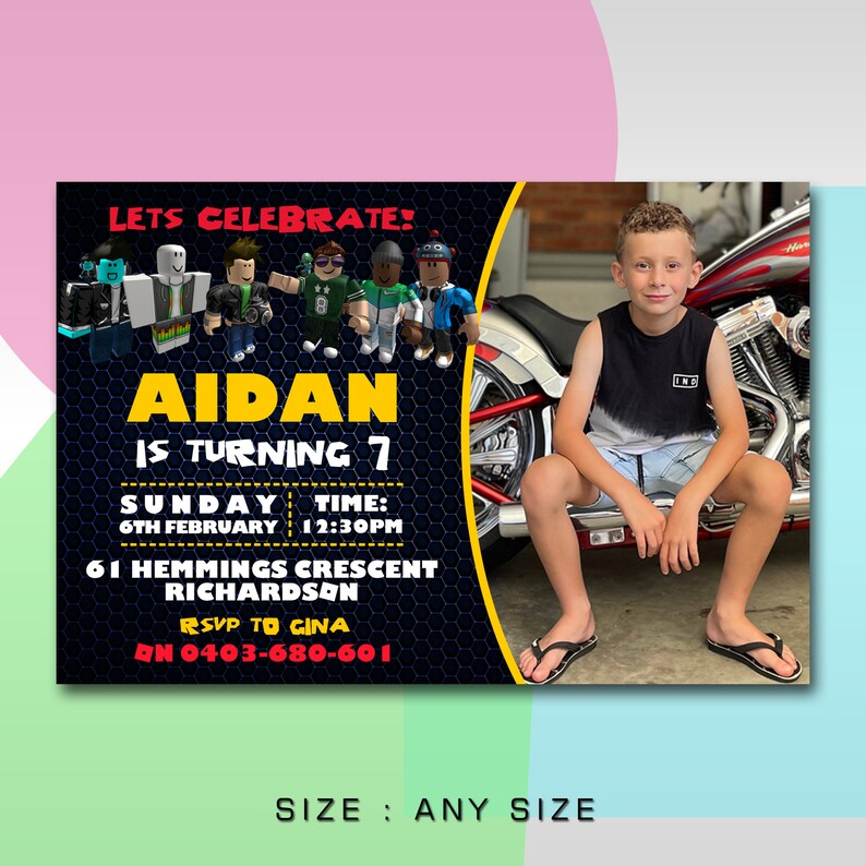 May include: A black and yellow birthday invitation with a photo of a boy sitting on a motorcycle. The invitation says "Let's Celebrate: Aidan is turning 7" and includes the date, time, and location of the party. It also includes an RSVP number.