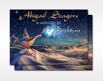 May include: A blue and gold invitation with a genie lamp and stars. The invitation is for Abigail Seagers' 15th birthday party on August 25th, 2019 from 1:00pm to 5:00pm at 897 Magic Lamp Road, CA 8976. RSVP to mom at 565-908-1755.