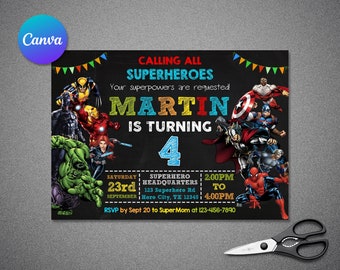 Editable Superheroes Birthday Invitations Templates, Editable Superhero Birthday Invitations Templates, Avengers Birthday Invitations