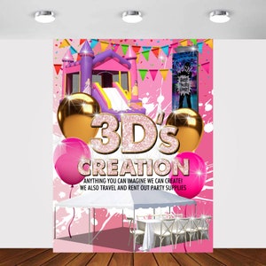 May include: Pink and white party supplies advertisement with the text "3Ds Creation" and the tagline "Anything you can imagine we can create! We also travel and rent out party supplies". The image features a pink bounce house, a white tent, and white chairs and tables.