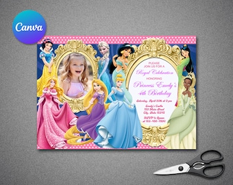 May include: A pink and gold princess-themed birthday invitation with a photo of a young girl in a gold frame. The invitation features images of Disney princesses, including Cinderella, Snow White, Ariel, Belle, and Tiana. The text reads "Please join us for a Royal Celebration honoring Princess Emely's 4th Birthday".