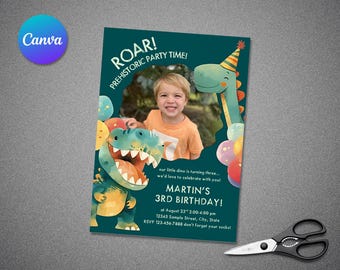 Convite de aniversário de dinossauro com foto: convite editável para festa de dinossauro (download digital)