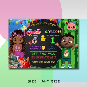 May include: A colorful birthday invitation for a mermaid and a boy turning 5 and 1. The invitation features a mermaid with brown hair and a purple tail, a boy with brown hair wearing a green shirt and blue shorts, and a watermelon character. The invitation includes the text "Join us to celebrate!" and "Off the Wall" with a date and time.