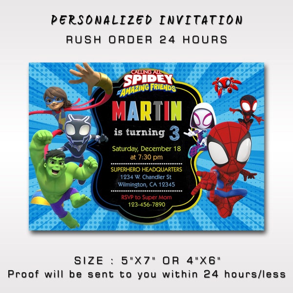 Rush Order 24 Hours Spidey Birthday Invitation, Spidey and His Amazing Friends Birthday Invitation